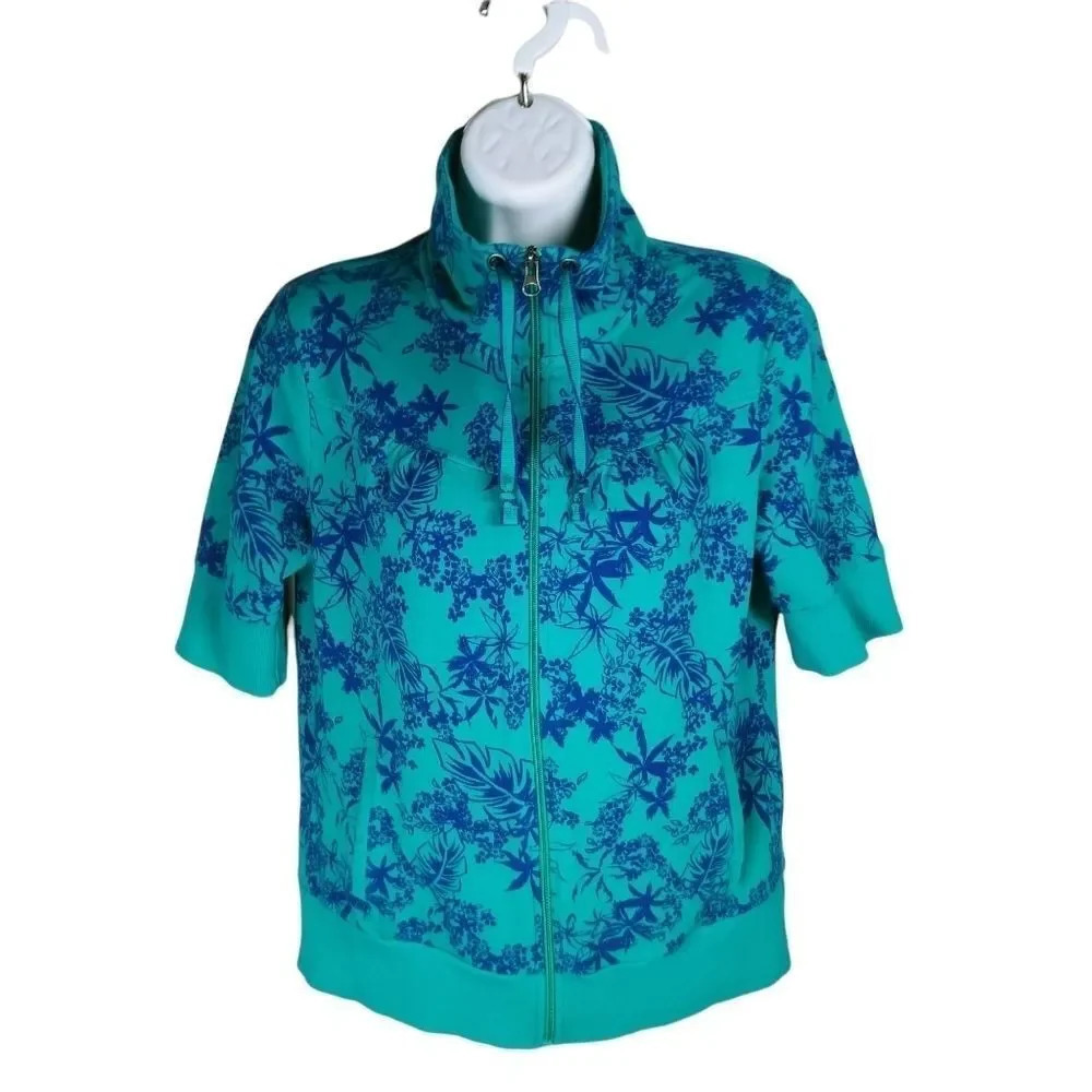 Cardigan Jacket Zip Up Teal Blue Hawaiian Medium